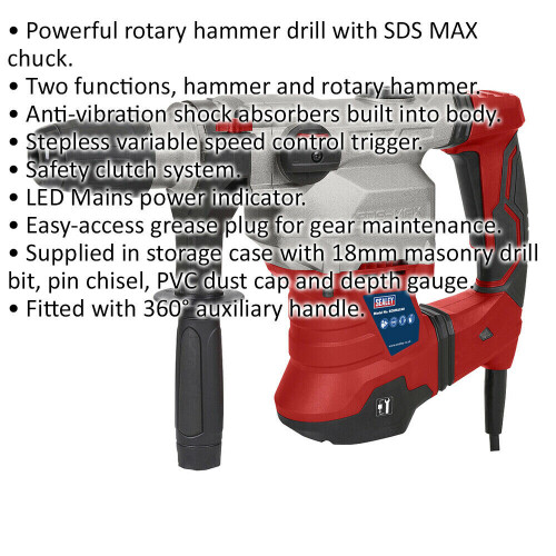 Loops 1500W SDS Max Rotary Hammer Drill - Anti-Vibration - Variable Speed Control 1