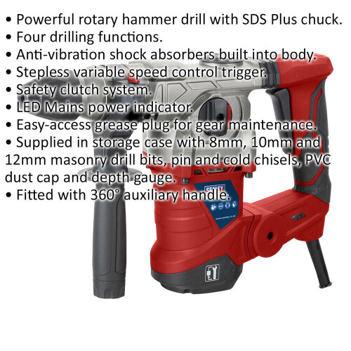 Loops 1500W SDS Plus Rotary Hammer Drill - Variable Speed Control - Safety Clutch 1