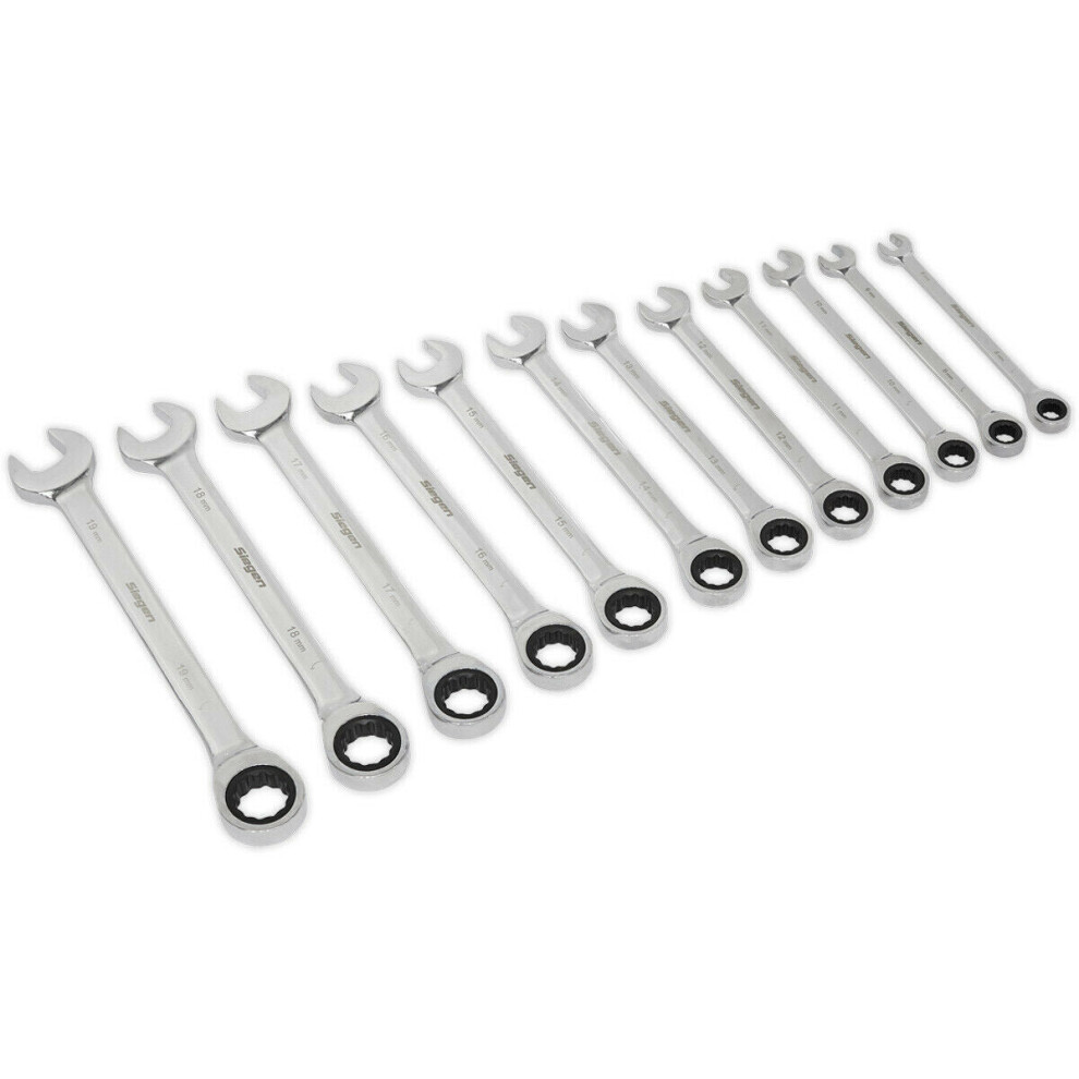 12pc Slim Handle Ratchet Combination Spanner Set 12 Point Metric Ring Open Head