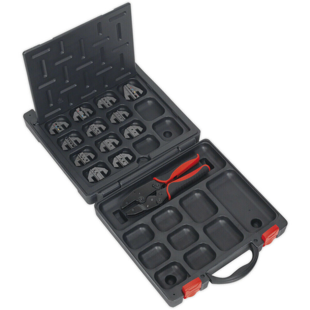 Ratchet Crimping Tool Set - 12 Interchangeable Hardened Jaws - Storage Case