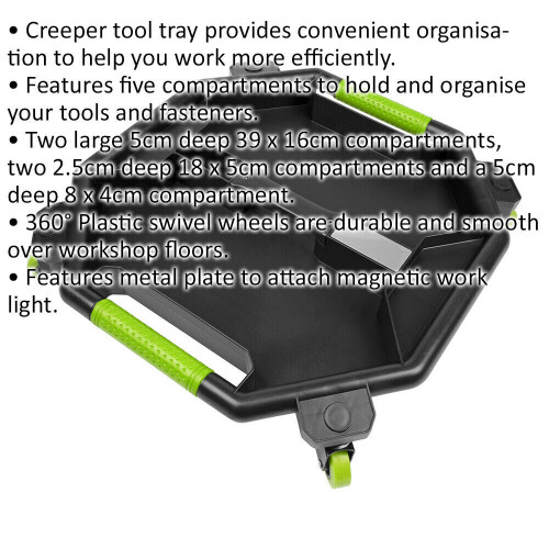 Loops Creeper Tool Tray - Five Compartments - 360Â Plastic Swivel Castors - Green 1