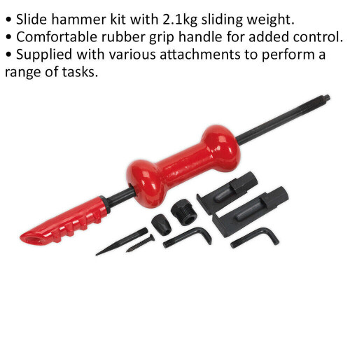 Loops 9 Piece 2.1kg Slide Hammer Kit - Rubber Grip Handle - Various Attachments 1