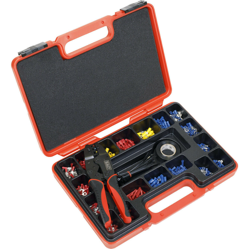 Ratchet Crimping Tool Kit - Steel Jaws - Insulated Grip - 500 Assorted Terminals