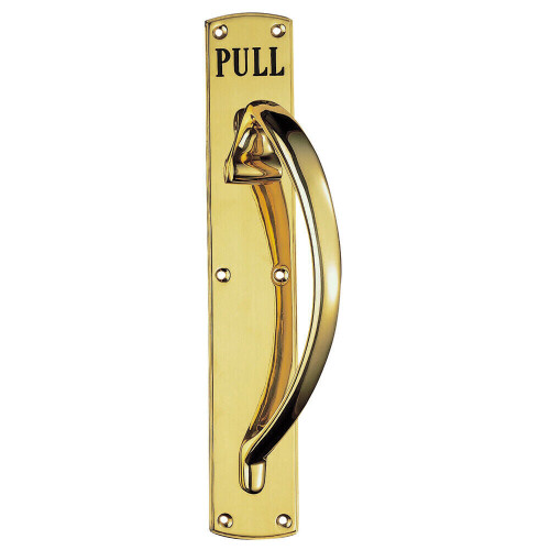 Loops 4x Curved Right Handed Door Pull Handle Engraved with 'Pull' Polished Brass 1