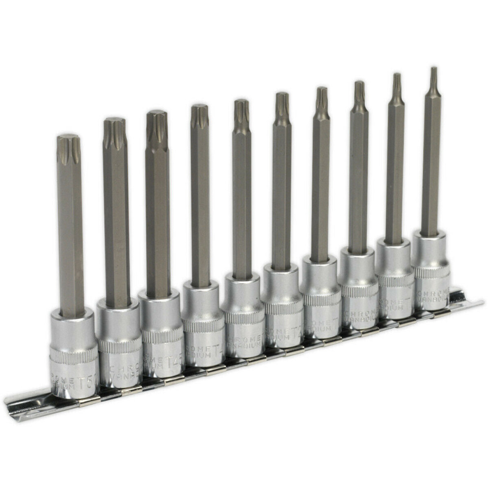10Pc Trx Star Socket Bit Set 3/8" Square Drive - T10 To T50 - 100Mm Long Shaft