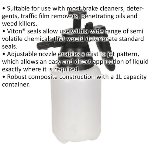 Loops 1L Pressure Sprayer with Viton Seals - Adjustable Nozzle - Mist & Jet Patterns 1