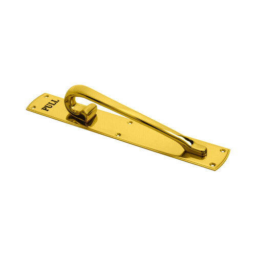 Loops Curved Left Handed Door Pull Handle Engraved with 'Pull' Polished Brass 1