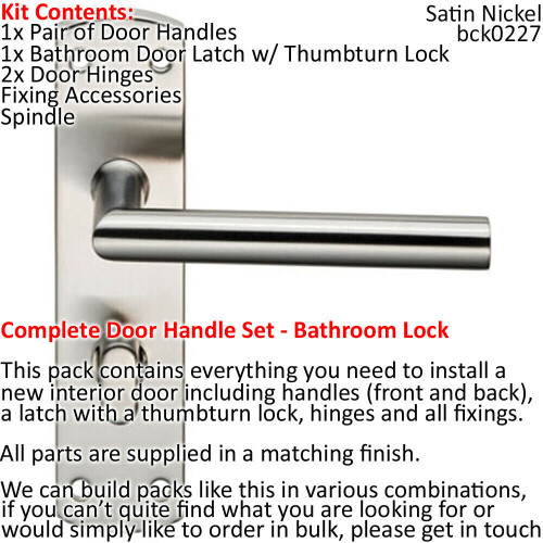Loops Door Handle & Bathroom Lock Pack Satin Nickel Modern Mitred Round Bar Backplate 1