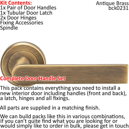 Loops Door Handle & Latch Pack Antique Brass Rectangular Lever Screwless Round Rose 1