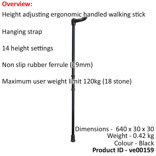 Loops Left Handed Ergonomic Handled Walking Stick - Palm Grip - 14 Heght Settings 1