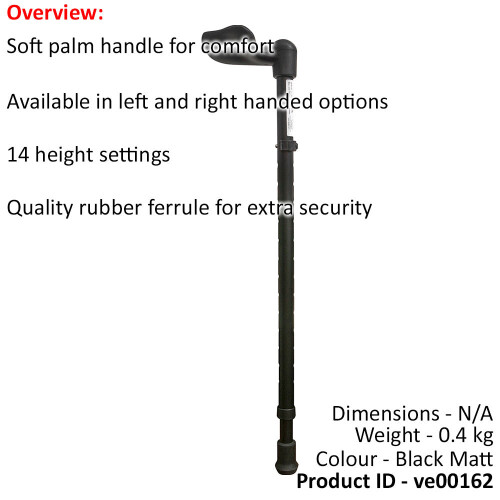 Loops Left Handed Ergonomic Handled Walking Stick - Telescopic Height - Matt Black 1