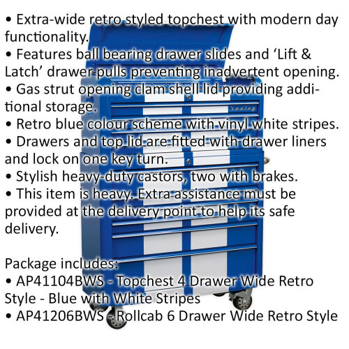 Loops Retro 10 Drawer  Topchest & Rollcab Bundle - Locking - BB Slides - Blue & White 1