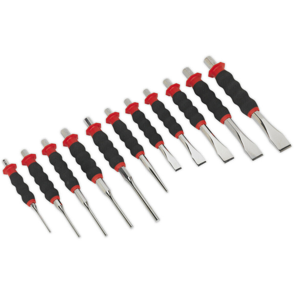 Loops 11 Piece Sheathed Punch & Chisel Set - Hardened & Tempered - Contoured Foam Grip