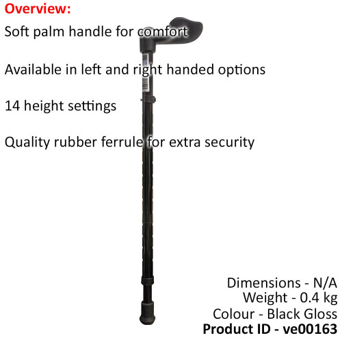 Loops Right Handed Ergonomic Handled Walking Stick - Telescopic Height - Gloss Black 1