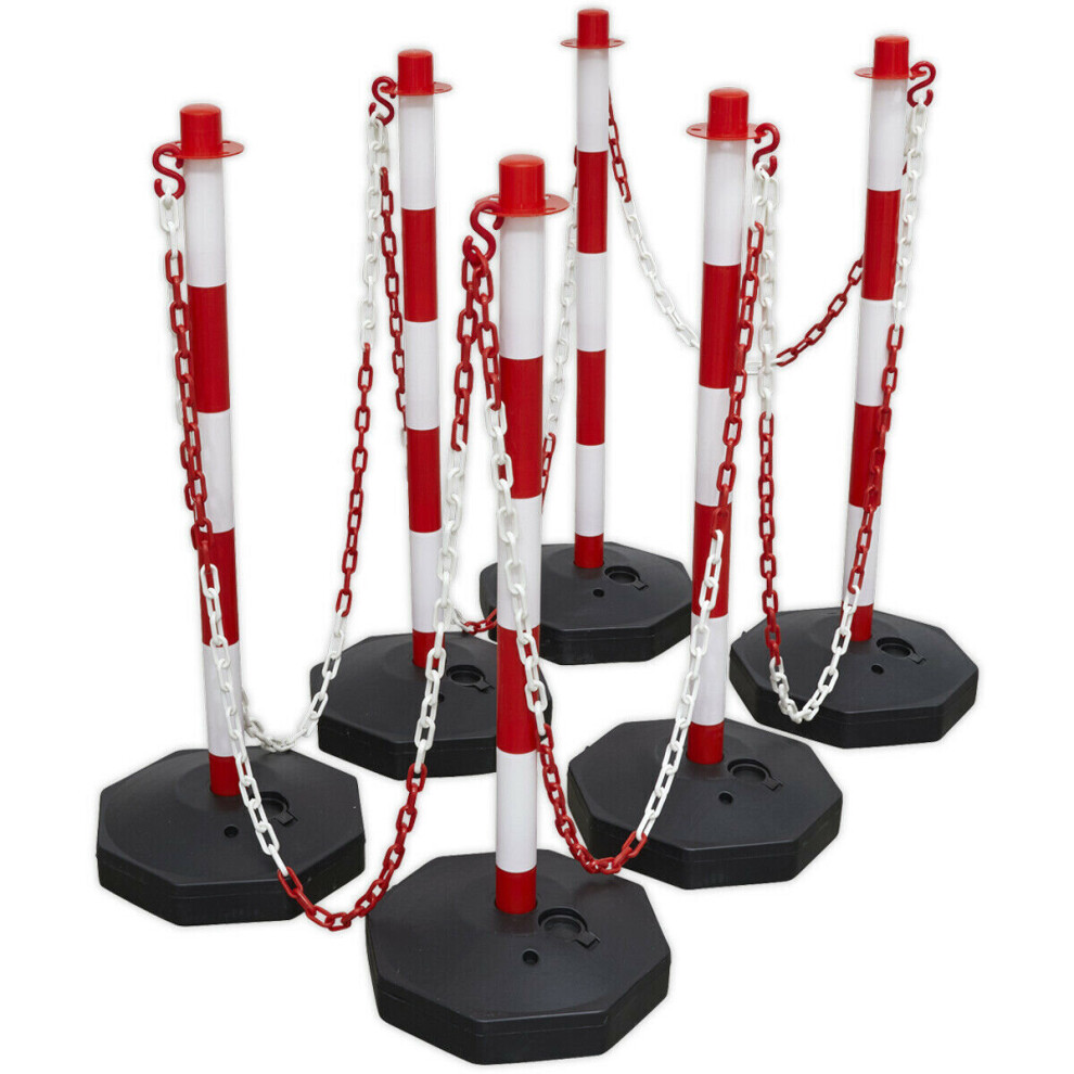 25m Post & Chain Kit - High Vis Red & White - 6 x Posts - Safety Barrier