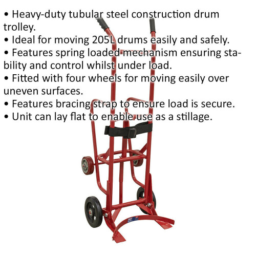 Loops 205L Drum Stillage Trolley - Spring Loaded Mechanism - Bracing Strap - Wheeled 1