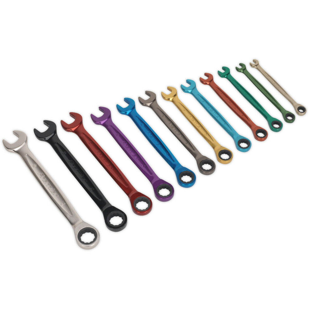 12pc MULTI COLOUR Combination Ratchet Spanner Set - 12 Pt Metric Socket Nut Ring