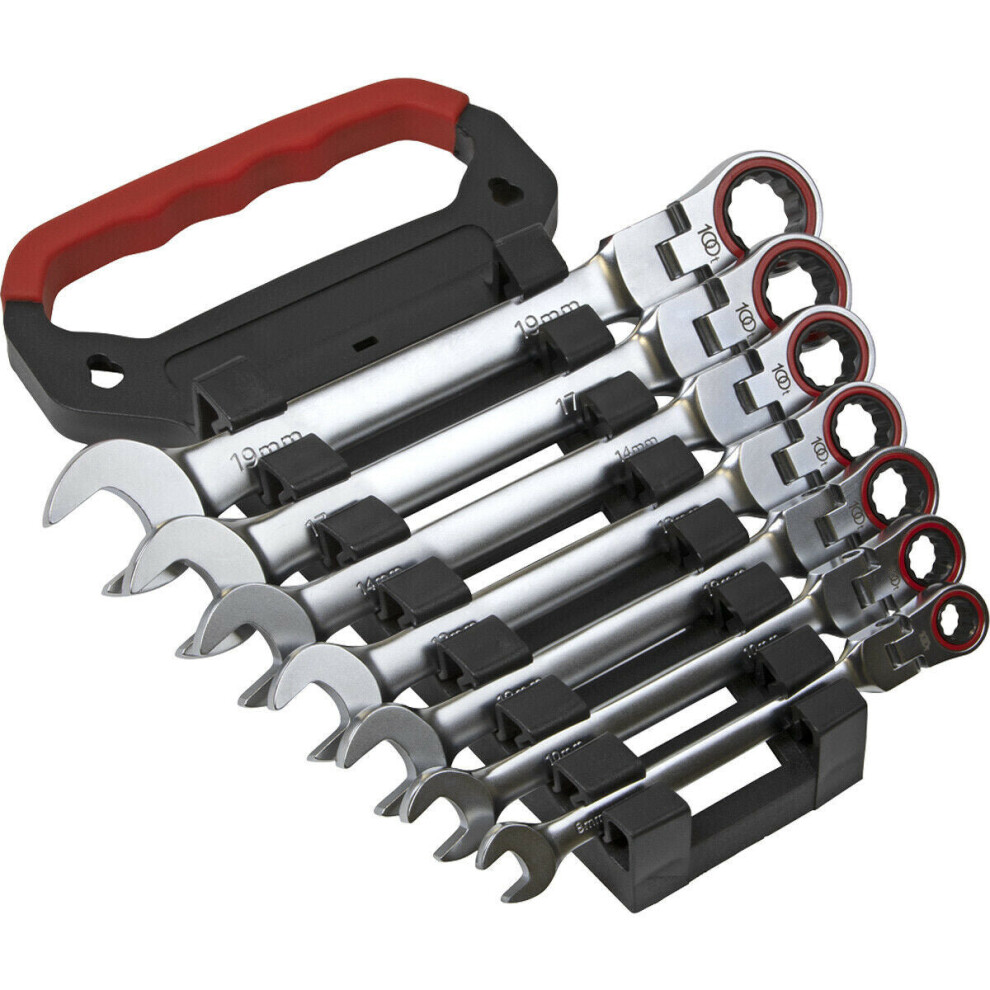 7pc FLEXIBLE HEAD Combination Ratchet Spanner Set 12 Point Metric Moving Socket