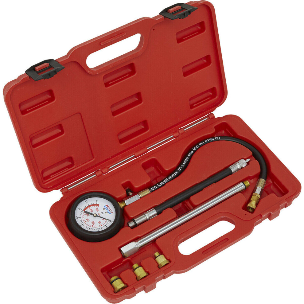 6 Piece Petrol Engine Compression Tester - 300psi Gauge - Flexible Extension