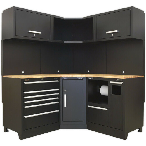 Loops All-in-One 1.7m Garage Corner Storage System - Modular - Oak Wood Worktop