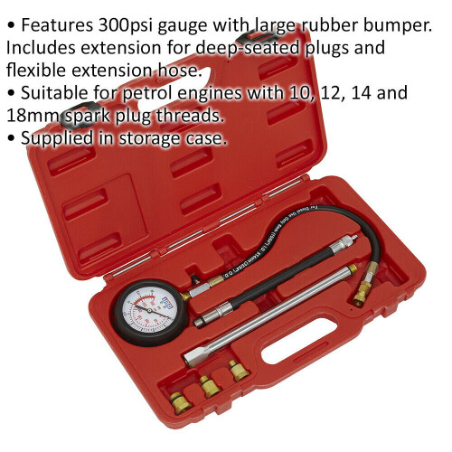 Loops 6 Piece Petrol Engine Compression Tester - 300psi Gauge - Flexible Extension 1