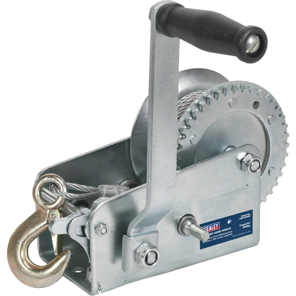 Geared Hand Winch with Cable - 900kg Capacity - Hardened Steel - Manual Break