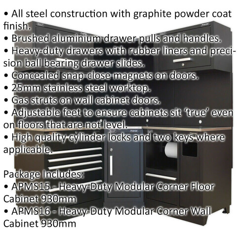 Loops All-in-One 1.7m Garage Corner Storage System - Modular - Stainless Steel Worktop 1