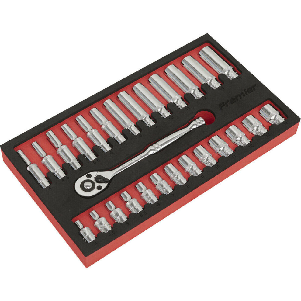 27 PACK DEEP Socket Set - 1/4" Metric Square Drive 6 Point & Ratchet Handle