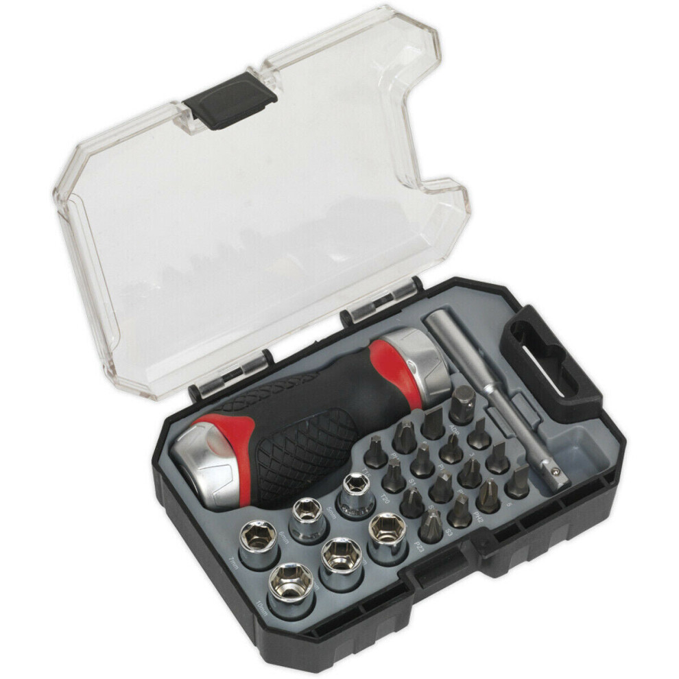 24 Pack Stubby Fine Tooth Ratchet Screwdriver Socket And Bit Set - Comfort Grip 5056524249468