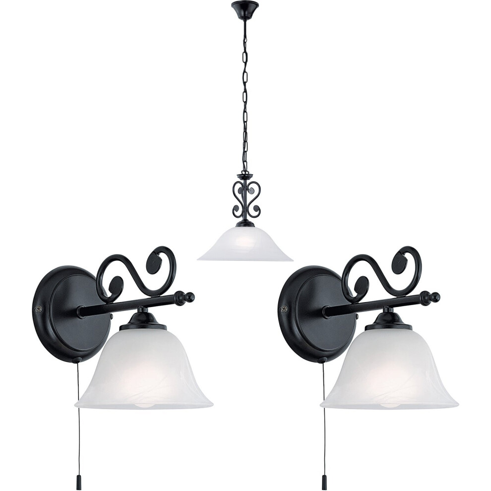 Ceiling Pendant Light & 2x Matching Wall Lights Black & Alabaster Glass Shade