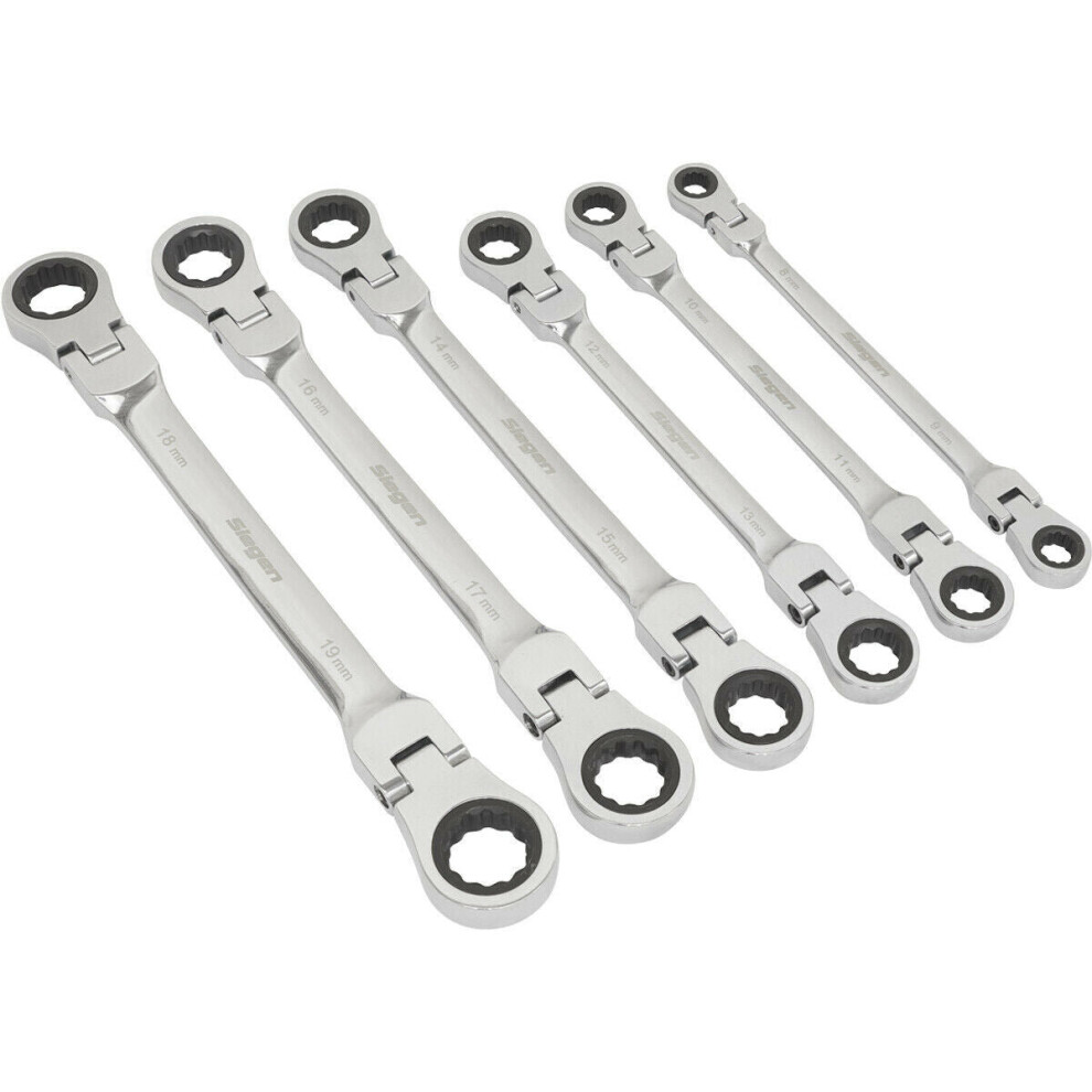 Loops 6Pc Flexible Head Double Ended Ratchet Ring Spanner Set - 12 Point Metric Wrench