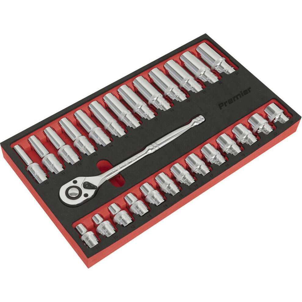 27 Pack Deep Socket Set - 1/2" Metric Square Drive 6 Point & Ratchet Handle 5056524250297