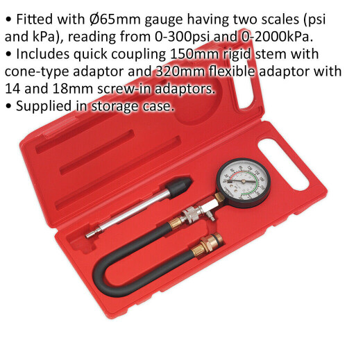 Loops 3 Piece Petrol Engine Compression Test Kit - 65mm Gauge - Quick Coupling 1