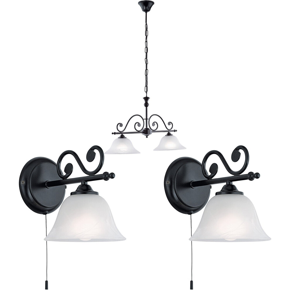 Twin Ceiling Pendant Light & 2x Matching Wall Lights Black & Alabaster Glass-image-OPC-P8WKZKB-NEW