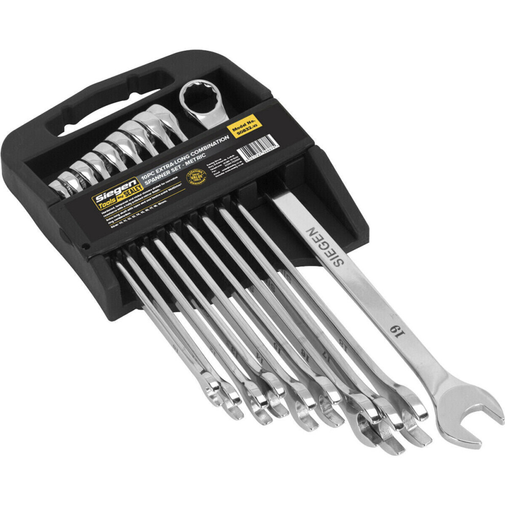 Loops 10Pc Extra Long Combination Hand Spanner Set - Metric 12 Point Slim Handle Ring