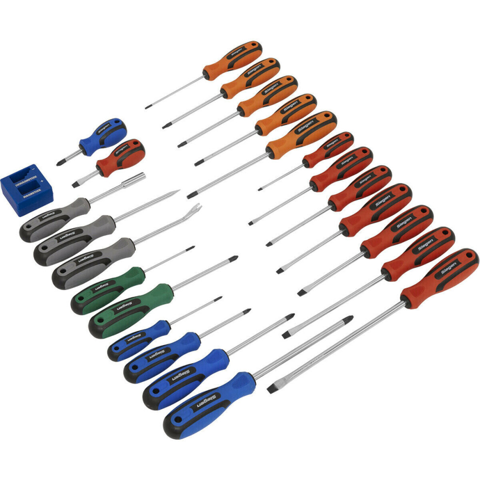 Loops 24 Pack Premium Soft Grip Handle Screwdriver Set - Various Colour Coded Magnetic