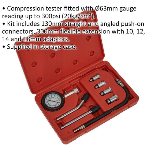 Loops 8 Piece Petrol Engine Compression Test Kit - 63mm Gauge - Connectors & Adaptors 1