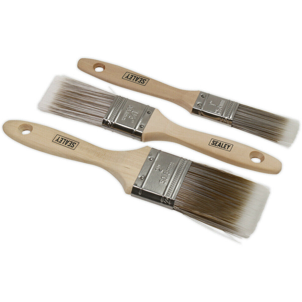 3 Piece Wooden Handle Paint Brush Set - Synthetic Filaments - 25Mm 38Mm 50Mm 5056581923523