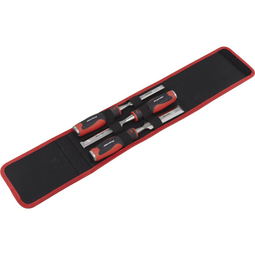 Loops 3 Piece Hammer-Thru Wood Chisel Set - Bevel Edged Blades - Storage Pouch