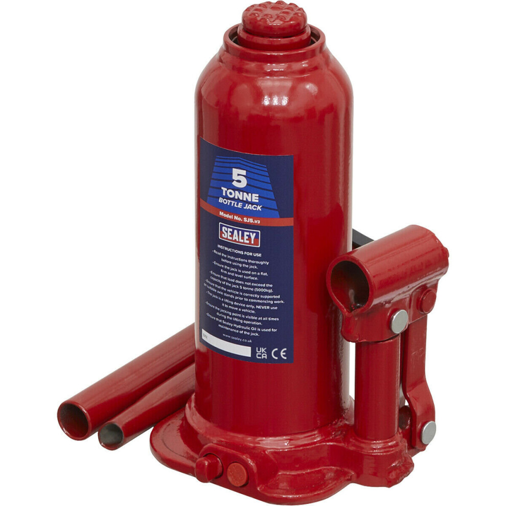 Loops 5 Tonne Bottle Jack - Machine Welded Base & Reservoir - 402Mm Maximum Height
