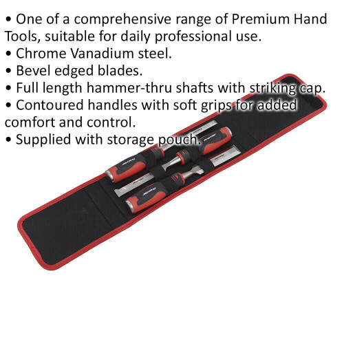 Loops 3 Piece Hammer-Thru Wood Chisel Set - Bevel Edged Blades - Storage Pouch 1