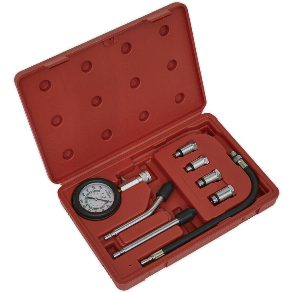 8 Piece Petrol Engine Compression Test Kit - 63mm Gauge - Connectors & Adaptors