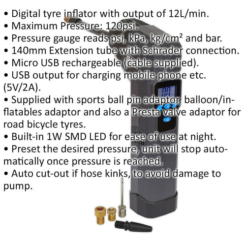 Loops Rechargeable Compact Digital Tyre Inflator - Power Bank & Work Light - Micro USB 1