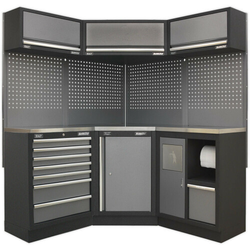 Loops All-in-One 1.6m Garage Corner Storage System - Modular - Stainless Steel Worktop