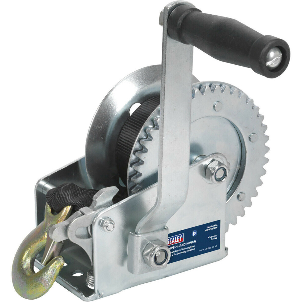 Geared Hand Winch with Webbing - 540kg Capacity - Manual Break - Hardened Steel