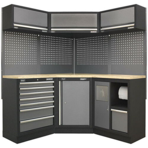 Loops All-in-One 1.6m Garage Corner Storage System - Modular - Pressed Wood Worktop