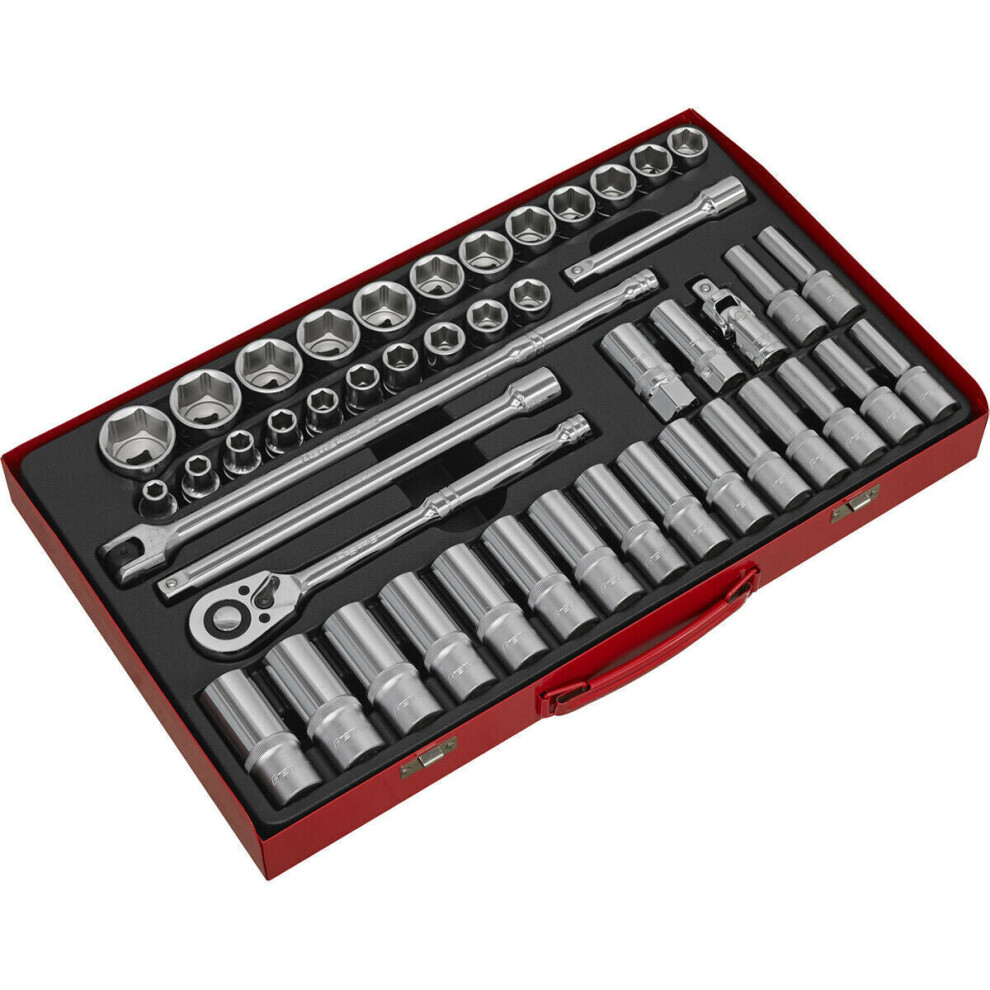46 Pack Socket Set - 1/2" Metric Square Drive - 6 Point Socket Ratchet Handle
