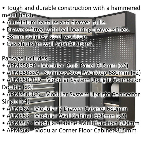 Loops All-in-One 1.6m Garage Corner Storage System - Modular - Stainless Steel Worktop 1