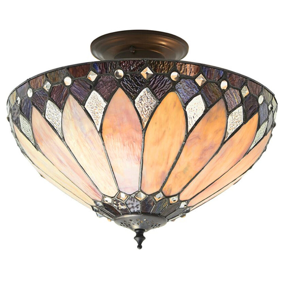 Loops Tiffany Glass Semi Flush Ceiling Round Inverted Shade I00158 Light/Cream/Bronze