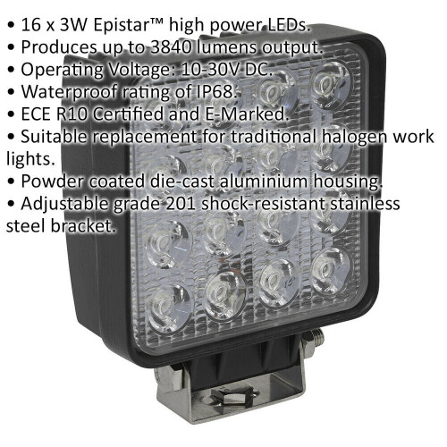 Loops Waterproof Work Light & Mounting Bracket -48W SMD LED - 108mm Square Flash Torch 1
